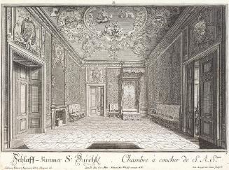 Salomon Kleiner, Schlafzimmer des Prinzen Eugen, 1733, Radierung, Druck in Schwarz auf Papier, …