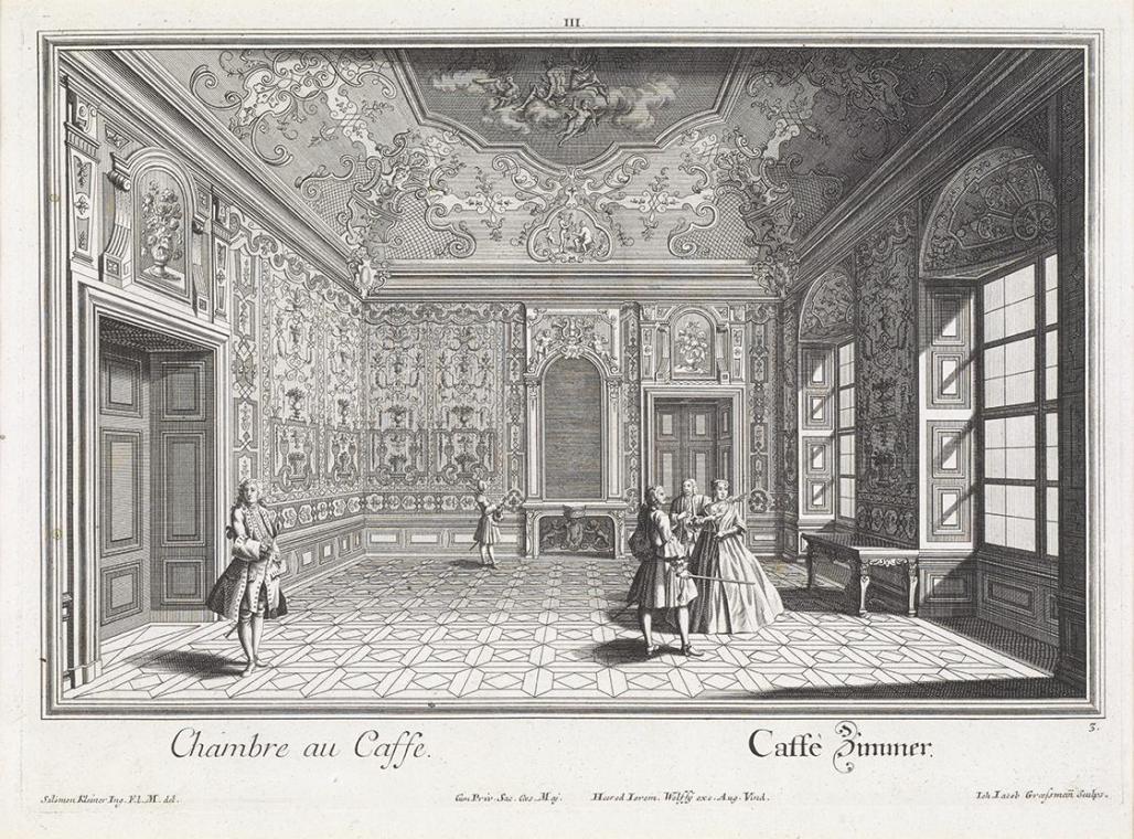 Salomon Kleiner, Caffè Zimmer, 1734, Radierung, Druck in Schwarz auf Papier, Dauerleihgabe aus …