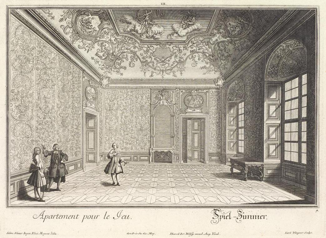 Salomon Kleiner, Spielzimmer, 1734, Radierung, Druck in Schwarz auf Papier, Dauerleihgabe aus P…