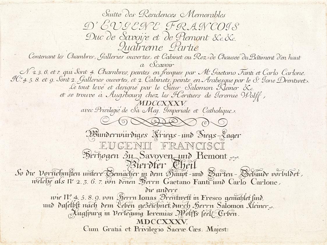 Salomon Kleiner, Titelblatt des vierten Teils, 1735, Kupferstich, Druck in Schwarz auf Papier, …