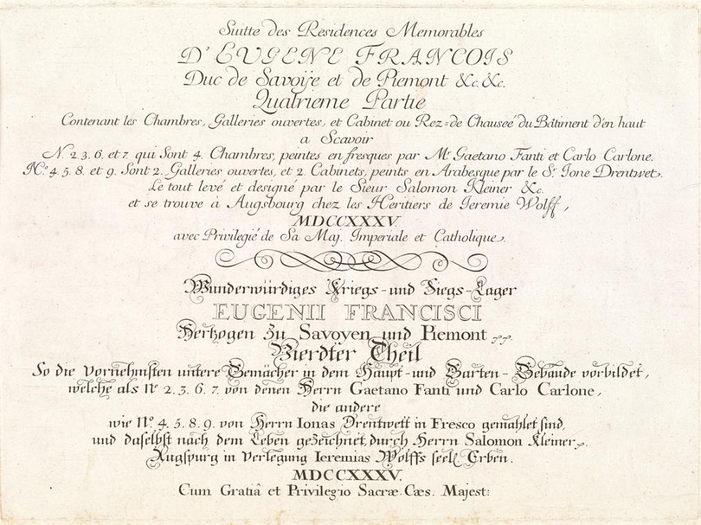 Salomon Kleiner, Titelblatt des vierten Teils, 1735, Kupferstich, Druck in Schwarz auf Papier, …
