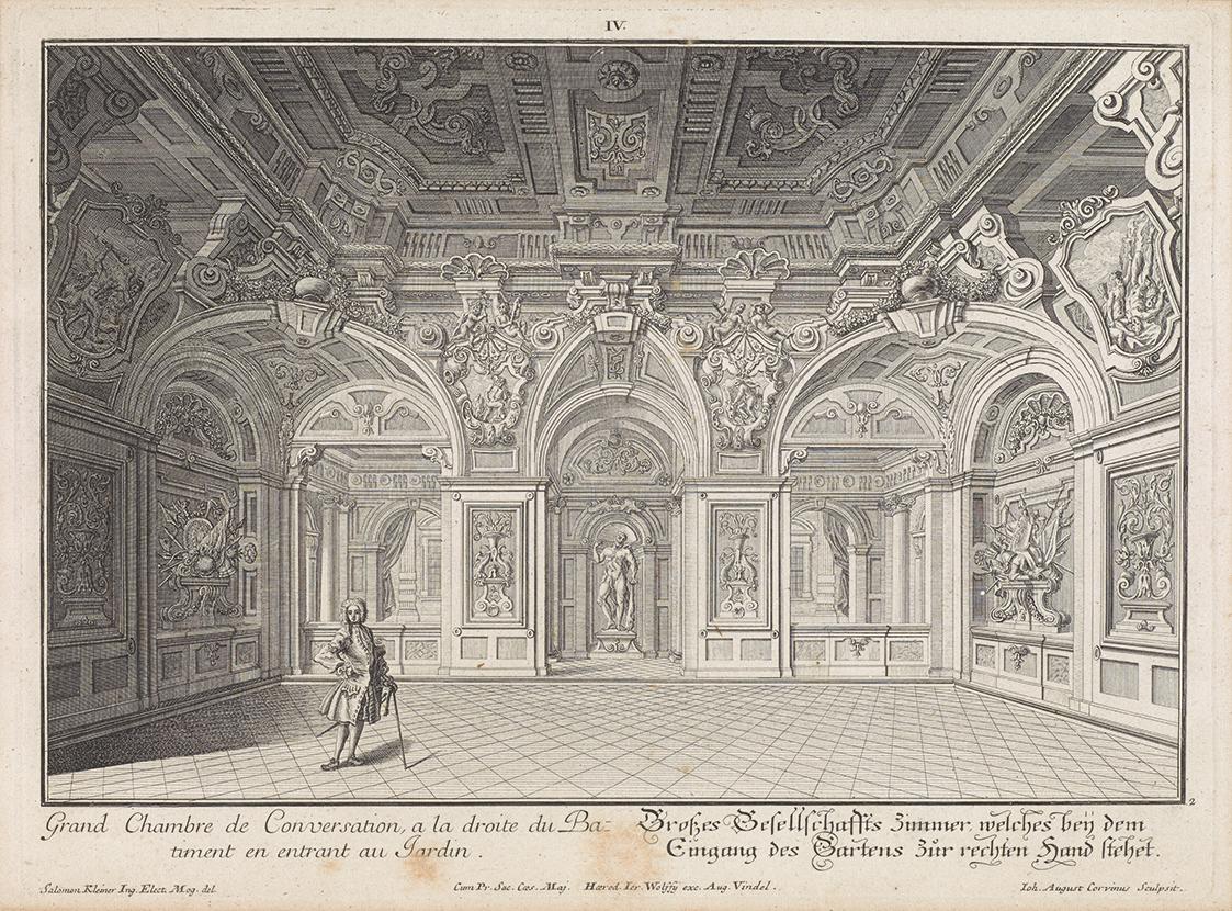 Salomon Kleiner, Grosses Gesellschaftszimmer im Ostflügel, 1735, Radierung, Druck in Schwarz au…