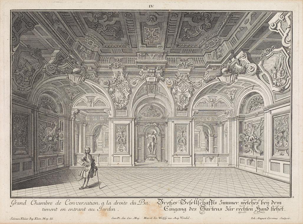 Salomon Kleiner, Grosses Gesellschaftszimmer im Ostflügel, 1735, Radierung, Druck in Schwarz au…