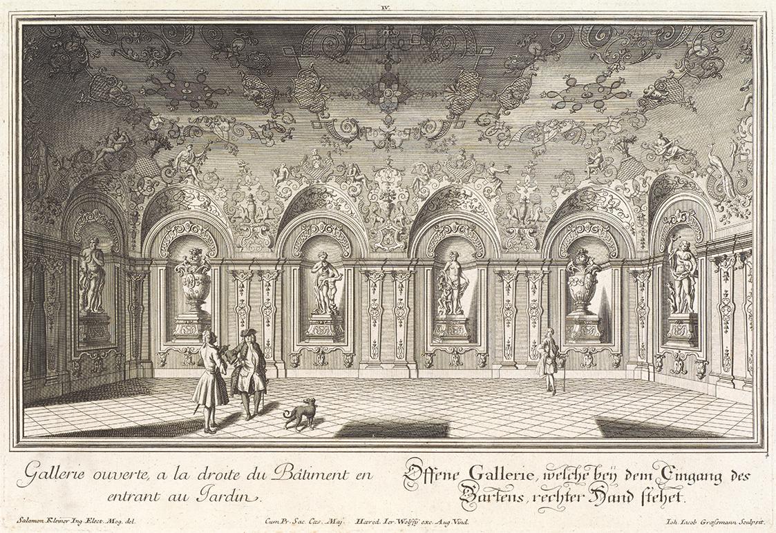 Salomon Kleiner, Offene Galerie im Ostflügel, 1735, Radierung, Druck in Schwarz auf Papier, Dau…