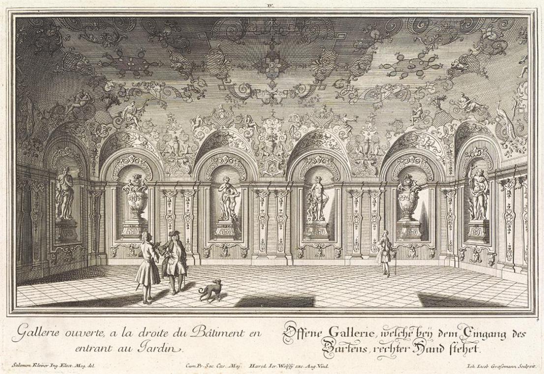 Salomon Kleiner, Offene Galerie im Ostflügel, 1735, Radierung, Druck in Schwarz auf Papier, Dau…