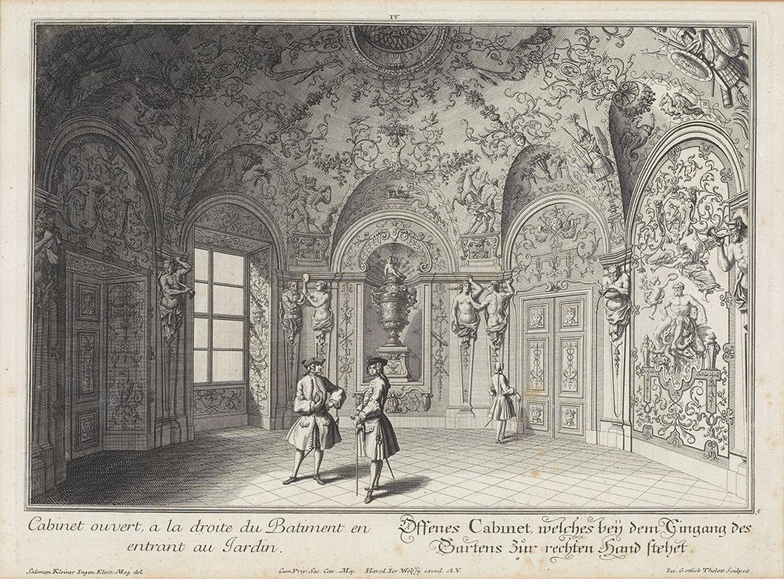 Salomon Kleiner, Offenes Kabinett im Nordostturm, 1735, Radierung, Druck in Schwarz auf Papier,…