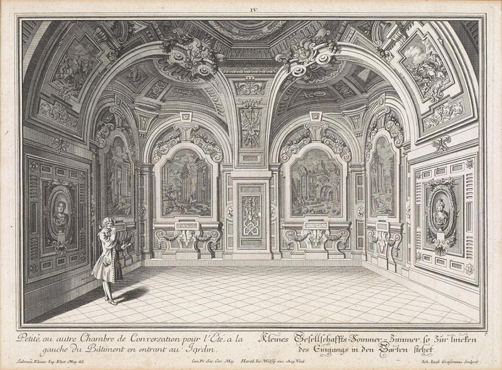 Salomon Kleiner, Kleines Gesellschaftszimmer im Westflügel, 1735, Radierung, Druck in Schwarz a ...