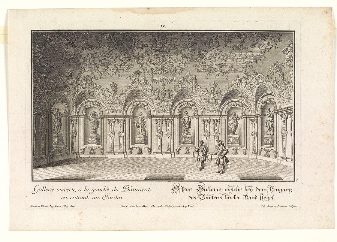 Salomon Kleiner, Offene Galerie im Westflügel, 1735, Radierung, Druck in Schwarz auf Papier, Da…