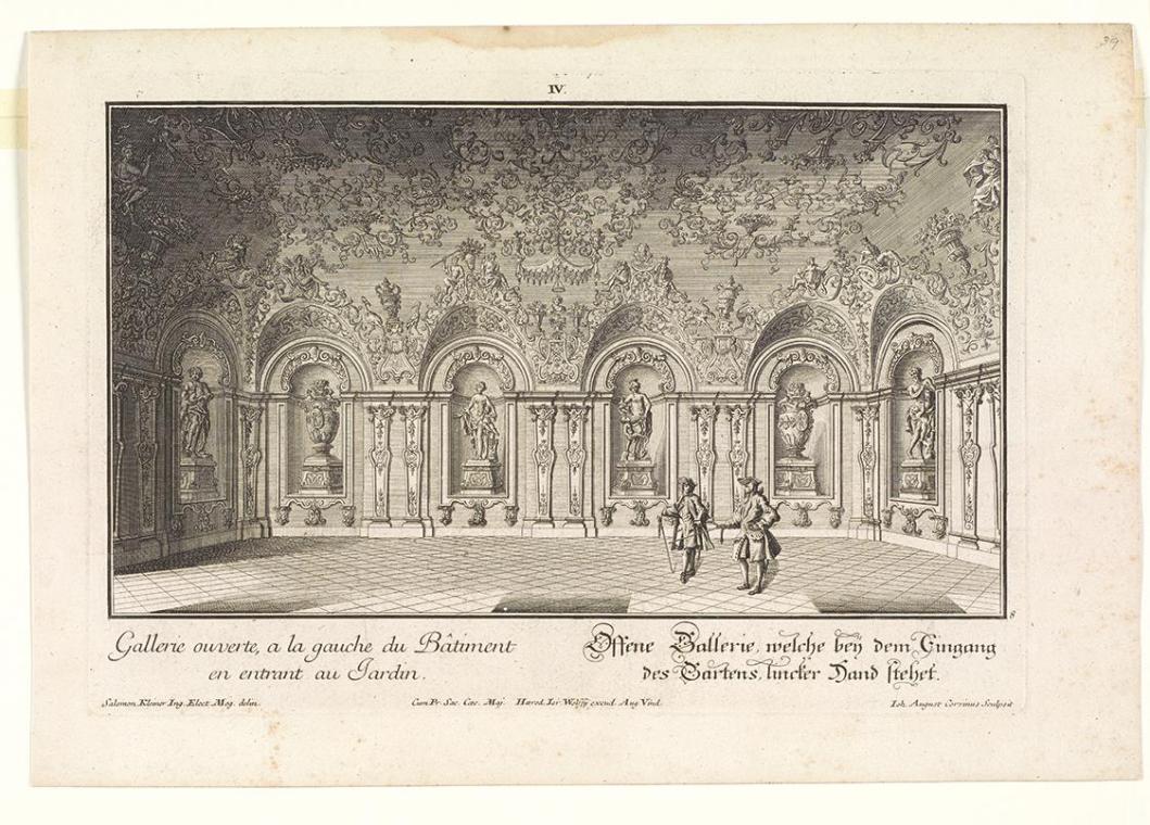 Salomon Kleiner, Offene Galerie im Westflügel, 1735, Radierung, Druck in Schwarz auf Papier, Da…