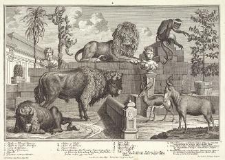 Salomon Kleiner, Löwe und Wisentpaar, 1734, Radierung, Druck in Schwarz auf Papier, Dauerleihga…