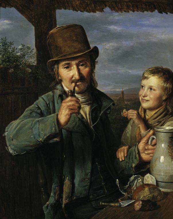 Ferdinand Georg Waldmüller, Taglöhner mit seinem Sohn, 1823, Öl auf Holz, 25 x 20,5 cm, Belvede…