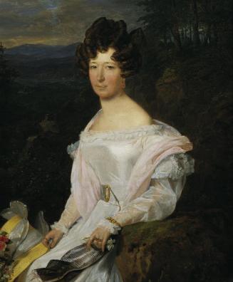 Ferdinand Georg Waldmüller, Dame in weißem Kleid vor einer Wienerwaldlandschaft, 1829, Öl auf H…