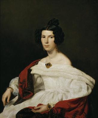 The image shows a portrait of a woman. She has long, curly hair styled in a high bun. Her facial features are soft, and she looks directly at the viewer. The woman is wearing a dress with wide, flared sleeves and a deep neckline. Over her shoulder drapes a shawl-like garment that is loose and casually arranged. She is wearing earrings and a decorative piece of jewelry on her chest.

[AI-generated with ChatGPT]