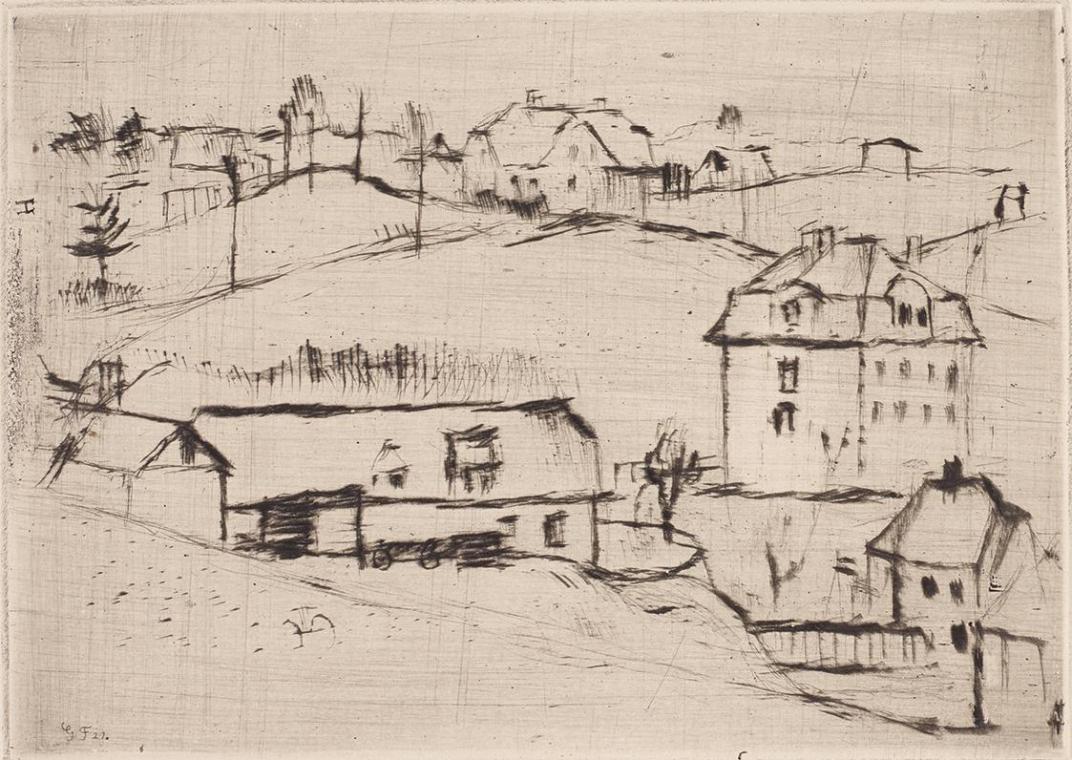Gerhart Frankl, Das Haus auf der Anhöhe, 1927, Kaltnadelradierung auf Japanpapier, Blattmaße: 2…