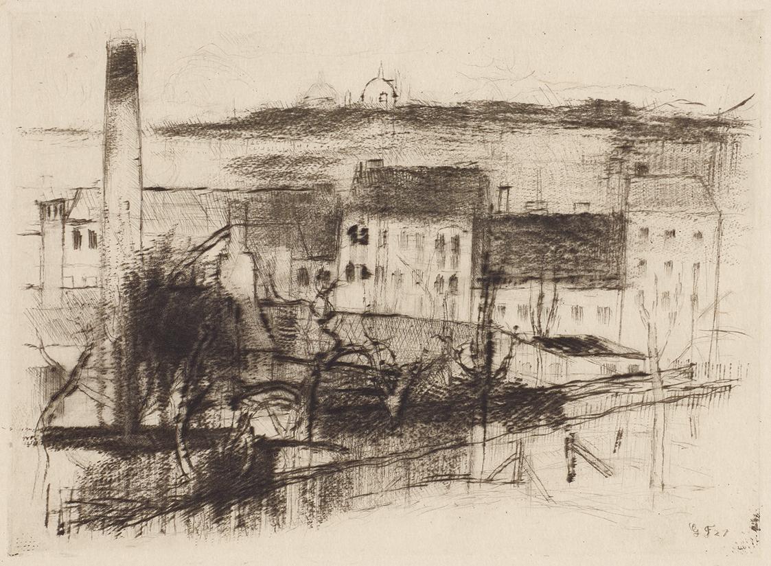 Gerhart Frankl, Fabrik mit "Steinhof", 1927, Kaltnadelradierung und Roulette auf Japanpapier, a…