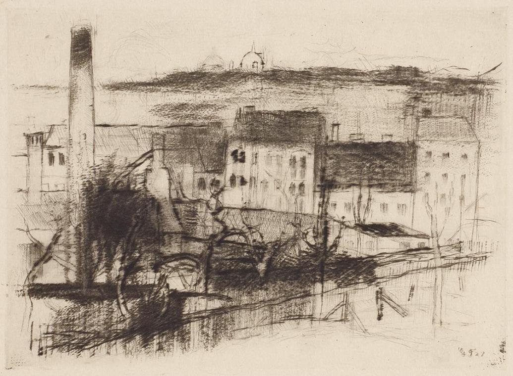 Gerhart Frankl, Fabrik mit "Steinhof", 1927, Kaltnadelradierung und Roulette auf Japanpapier, a…