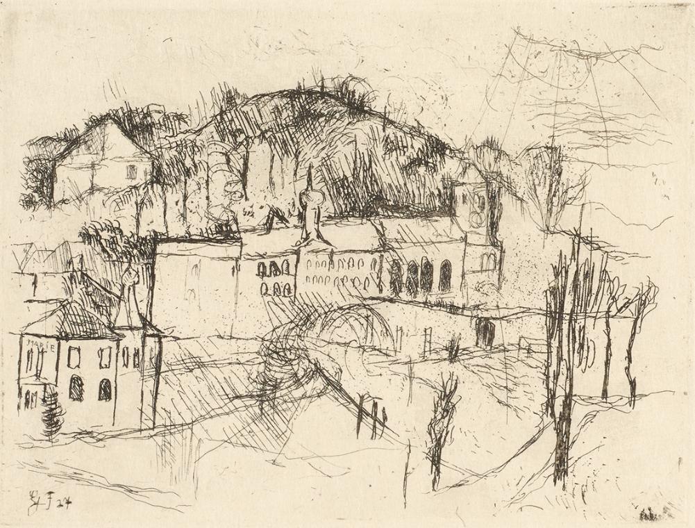 Gerhart Frankl, Landschaft mit Kloster, 1927, Ätzung auf Japanpapier, Blattmaße: 20,5 × 21,5 cm…