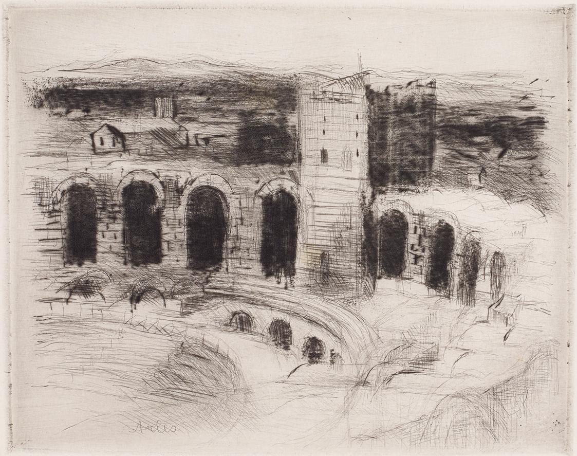 Gerhart Frankl, Arena in Arles I, 1928, Diamantradierung und Roulette auf Japanpapier, Blattmaß…
