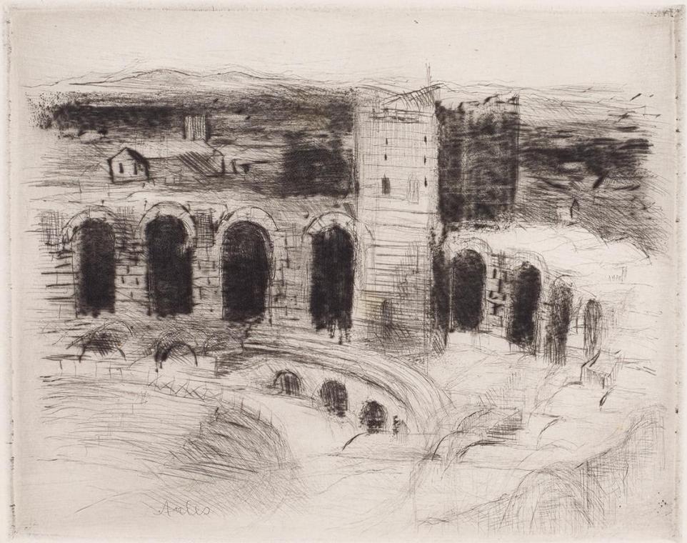 Gerhart Frankl, Arena in Arles I, 1928, Diamantradierung und Roulette auf Japanpapier, Blattmaß…