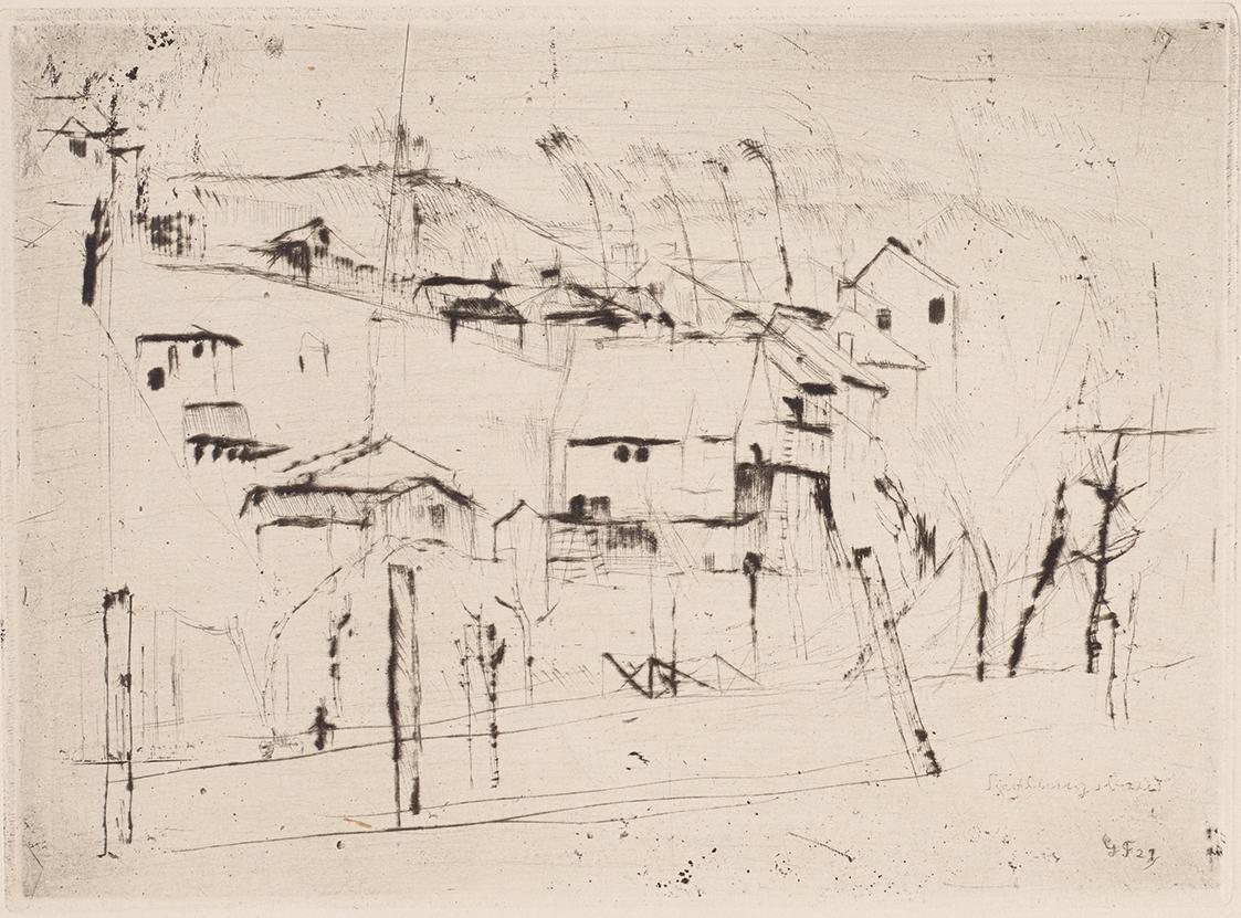 Gerhart Frankl, Siedlungsbau, 1927, Kaltnadelradierung auf Japanpapier, Blattmaße: 23,9 × 32,3 …