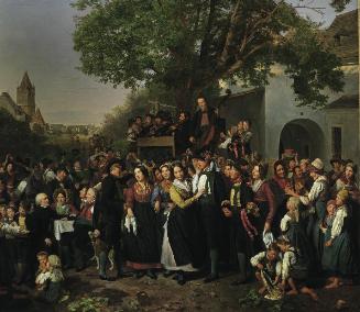 Ferdinand Georg Waldmüller, Niederösterreichische Bauernhochzeit, 1843, Öl auf Holz, 95 x 111 c…
