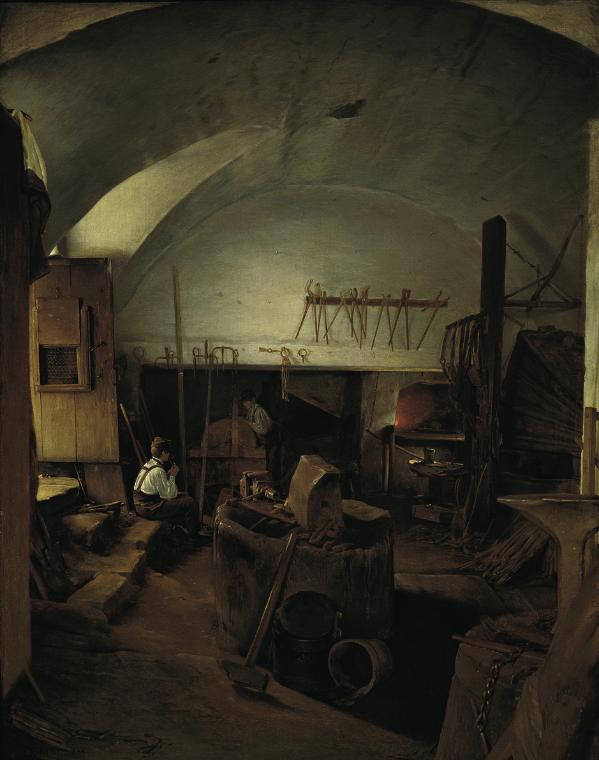 Franz Eybl, Das Innere einer Schmiede, 1847, Öl auf Leinwand, 47 x 37,5 cm, Belvedere, Wien, In…