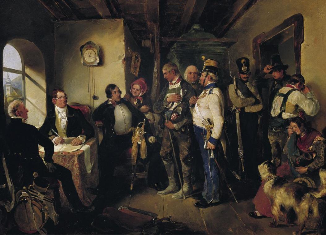 Carl Schindler, Die Rekrutierung, 1838, Öl auf Holz, 36 x 50 cm, Belvedere, Wien, Inv.-Nr. 2103