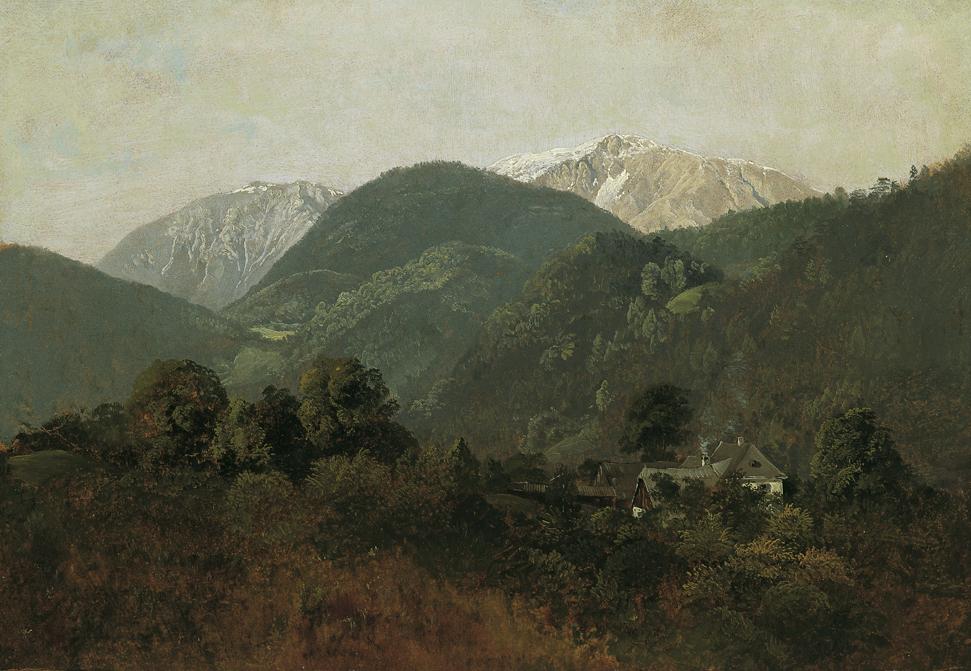 Friedrich August Mathias Gauermann, Blick von Scheuchenstein zum Gauermannhof mit Schneeberg im…