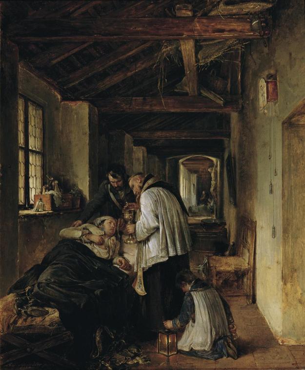 Albert Schindler, Einem verwundeten Offizier wird die letzte Ölung erteilt, 1834, Öl auf Holz,  ...