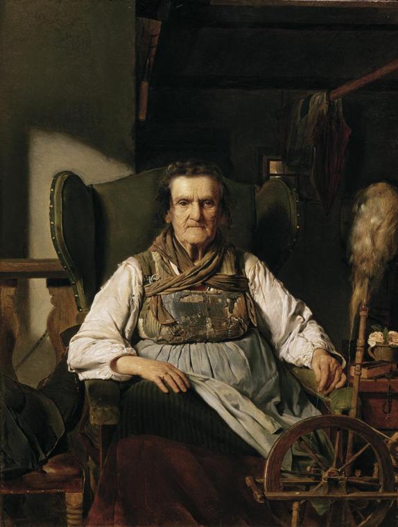 Franz Eybl, Eine Ramsauer Bäuerin am Spinnrad, um 1836, Öl auf Papier auf Holz, 38 x 29 cm, Bel…