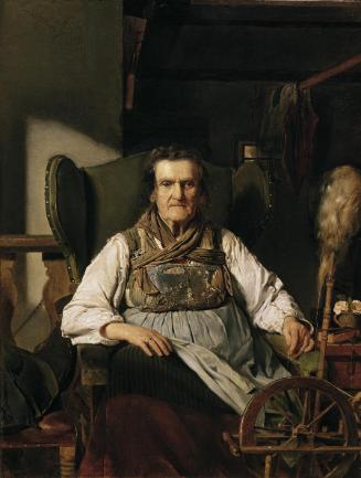 Franz Eybl, Eine Ramsauer Bäuerin am Spinnrad, um 1836, Öl auf Papier auf Holz, 38 x 29 cm, Bel…