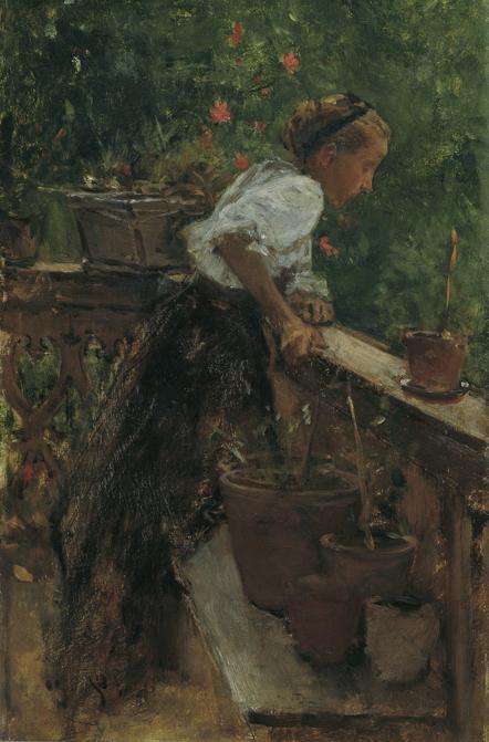 August von Pettenkofen, Bauernmädchen auf dem Balkon, undatiert, Öl auf Holz, 32 x 20 cm, Belve…