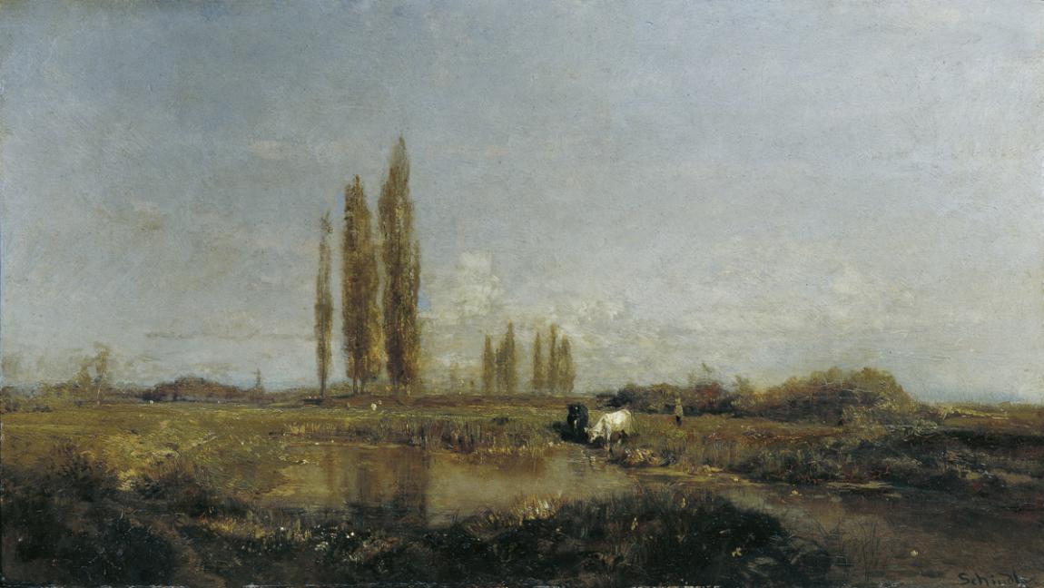 Emil Jakob Schindler, An der Thaya bei Lundenburg, um 1883–1884, Öl auf Holz, 36,5 x 63 cm, Bel…
