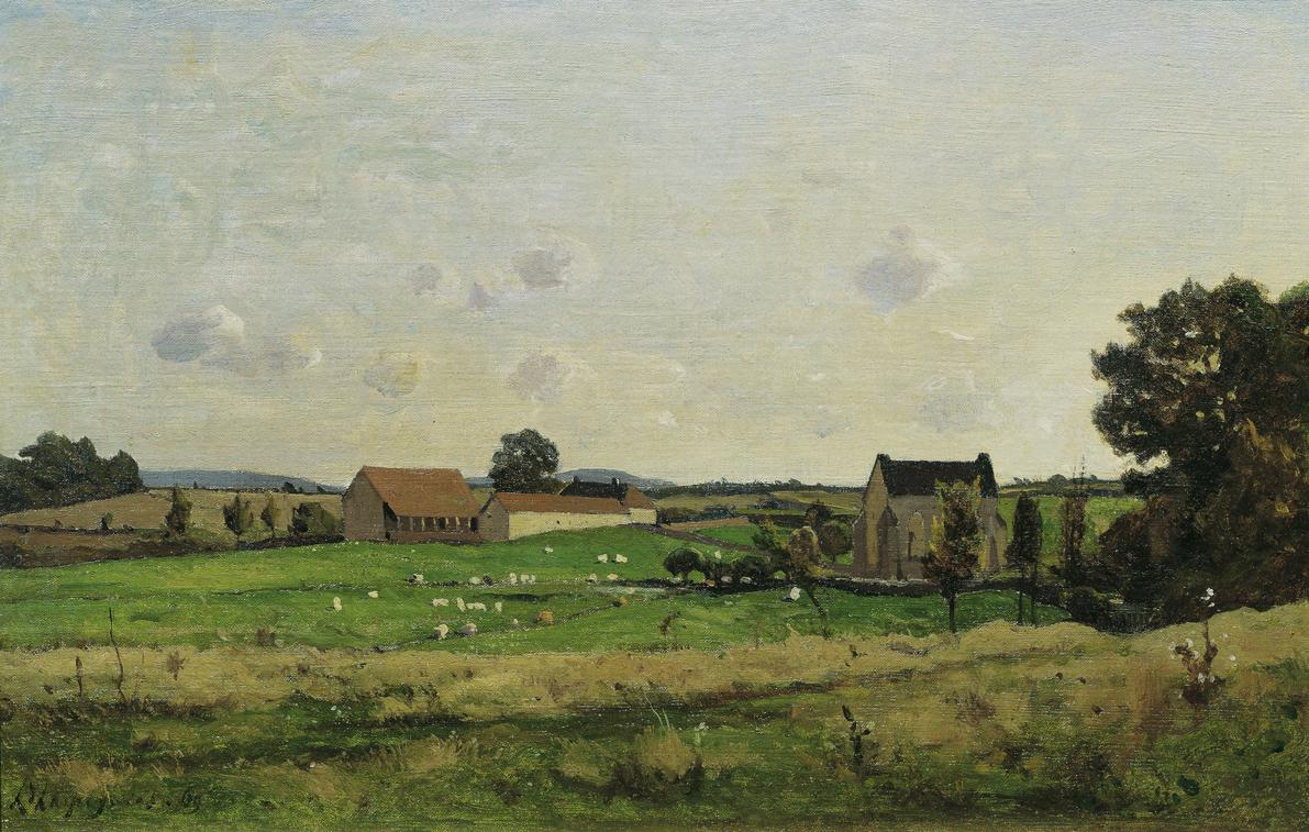 Henri Harpignies, Das Landgut von Saulce (Dept. Gonne), 1869, Öl auf Leinwand, 30 x 46 cm, Belv…