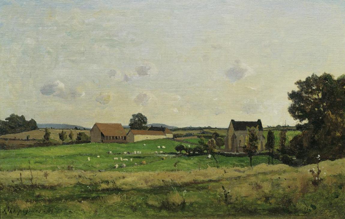 Henri Harpignies, Das Landgut von Saulce (Dept. Gonne), 1869, Öl auf Leinwand, 30 x 46 cm, Belv ...