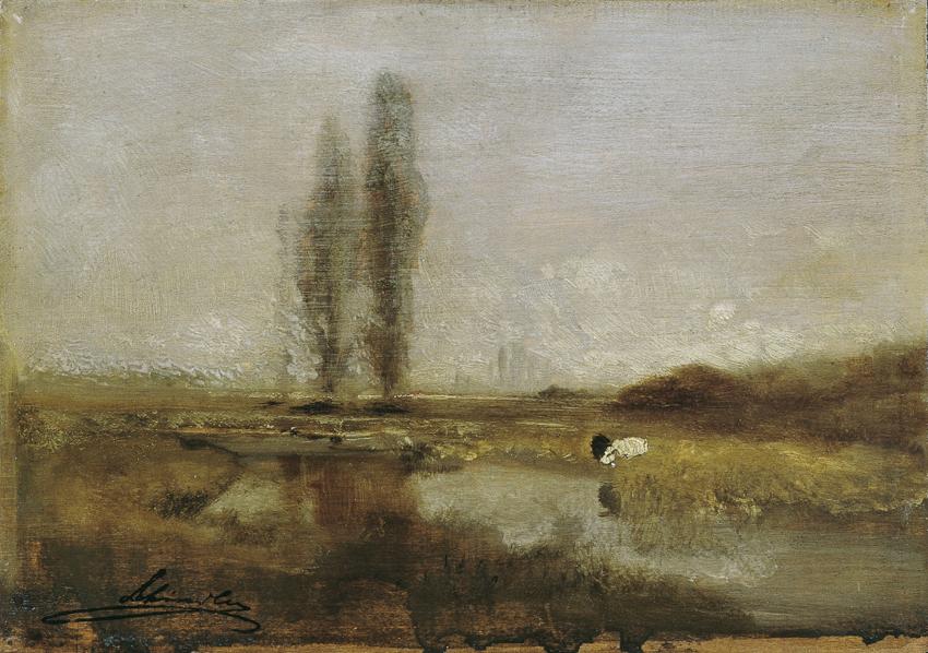 Emil Jakob Schindler, Moorlandschaft bei Lundenburg, um 1882, Öl auf Holz, 16,5 x 23 cm, Belved…
