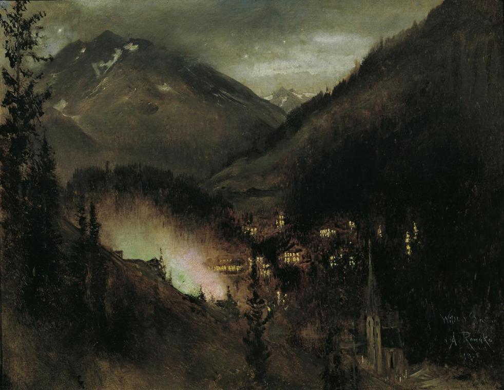 Anton Romako, Wildbad Gastein am Abend (bei bengalischer Beleuchtung), Herbst 1877, Öl auf Lein ...