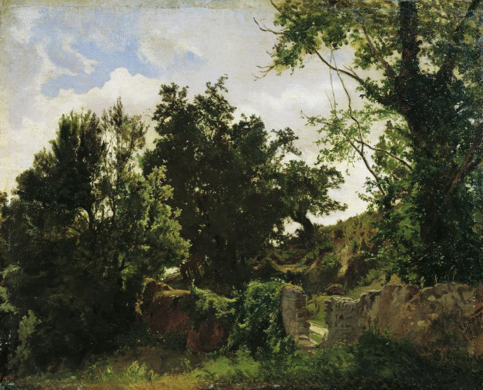 Emil Jakob Schindler, Schlossmauer in Plankenberg, 1887, Öl auf Leinwand auf Karton, 34,5 x 42,…