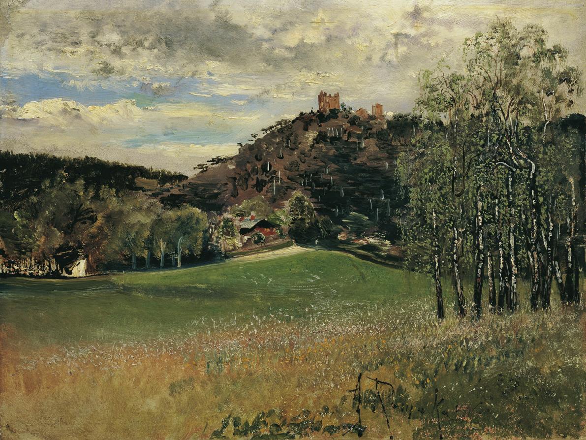 Anton Romako, Die Meiereiwiese in der Vorderbrühl mit der Ruine Mödling, Sommer 1885, Öl auf Ho ...