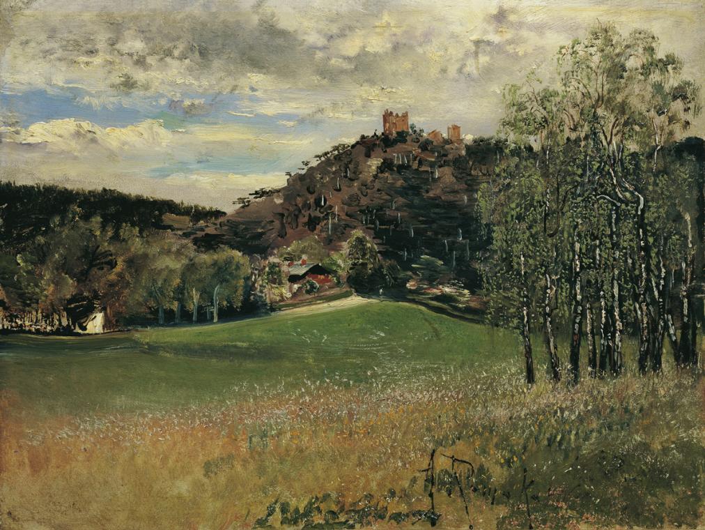 Anton Romako, Die Meiereiwiese in der Vorderbrühl mit der Ruine Mödling, Sommer 1885, Öl auf Ho…