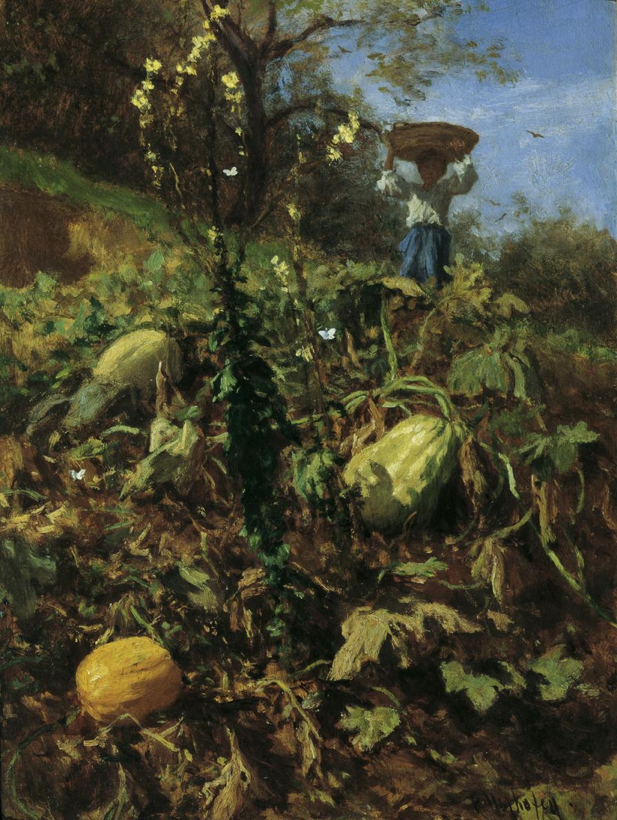 August von Pettenkofen, Der Kürbisgarten, 1862, Öl auf Holz, 31 x 23 cm, Belvedere, Wien, Inv.-…