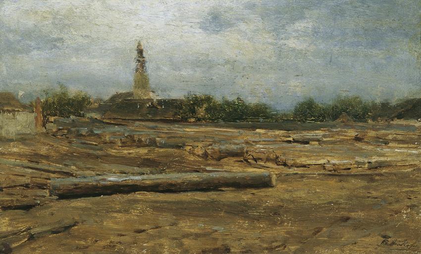 August von Pettenkofen, Naturstudie (Holzplatz bei Szolnok), 1880/1890, Öl auf Holz, 21 x 17 cm ...