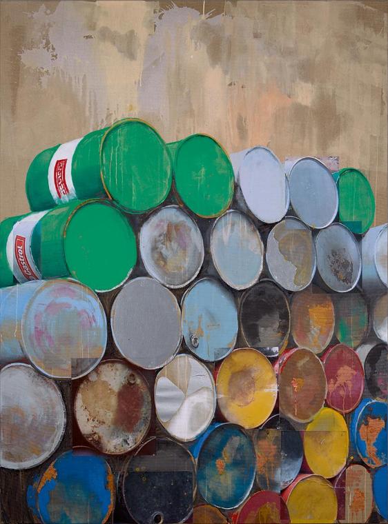 Maja Vukoje, Drums, 2011, Acryl, Aluminium-Folie, Fotoplot auf Leinwand, 230 x 170 x 4,5 cm, Be…