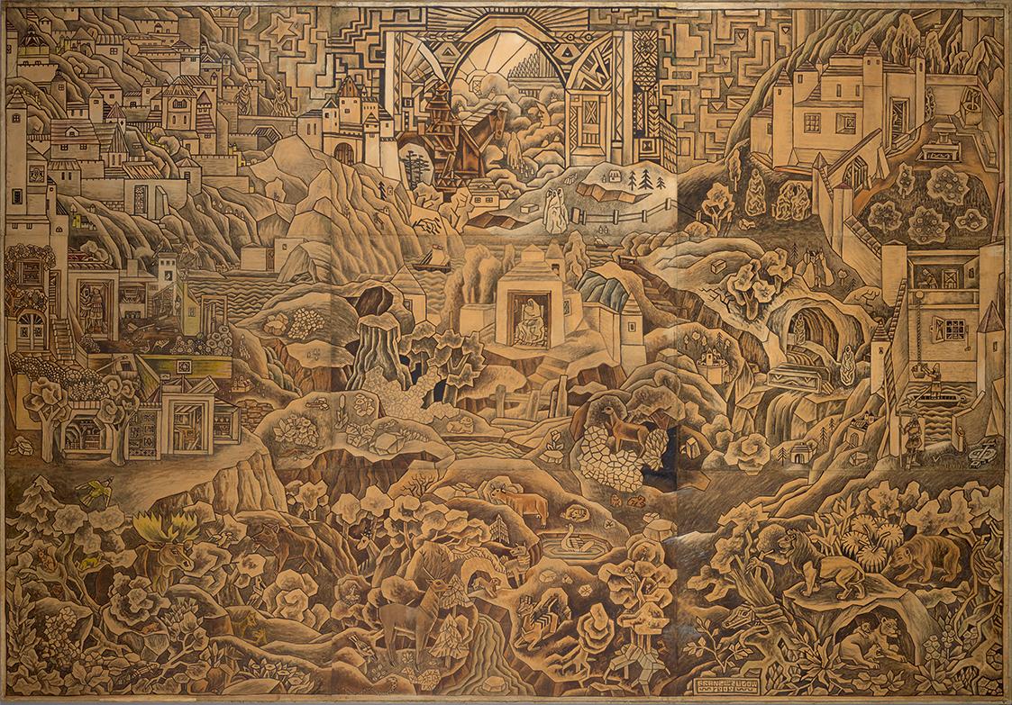 Franz von Zülow, Traumlandschaft, 1909, Aquarell auf Papier auf Leinwand, Ungerahmt: 180 × 258 …