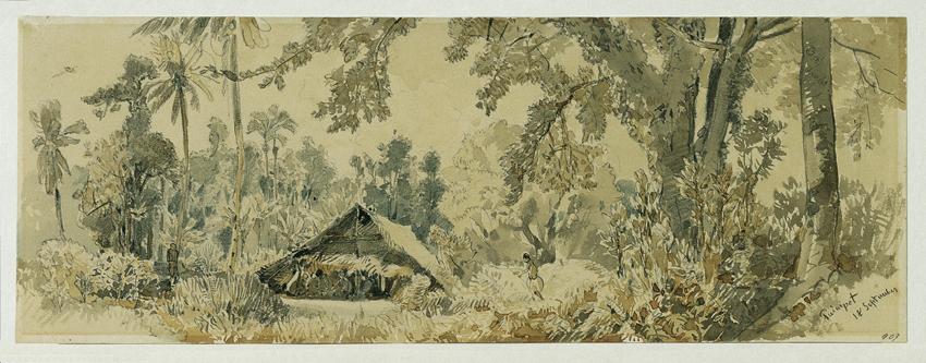 Joseph Selleny, Eingeborenenhütte auf der Insel Puinipet (Ponape), Caroline Islands, 1858, Blei…