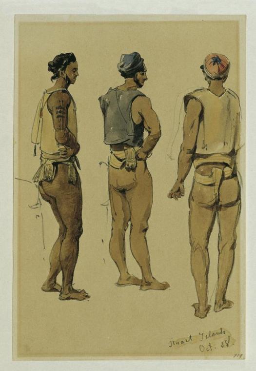 Joseph Selleny, Eingeborene der Stewart Island (Stewartinsel), 1858, Bleistift, Aquarell auf Pa…