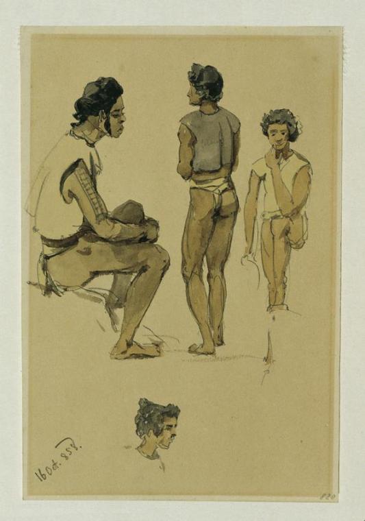 Joseph Selleny, Eingeborene der Stewart Island (Stewartinsel), 1858, Bleistift, Aquarell auf Pa…