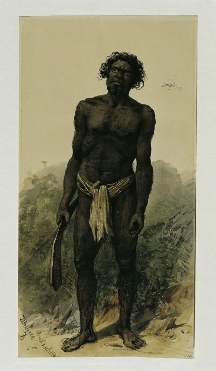 Joseph Selleny, Eingeborener mit Bumerang aus Woolongong (Wollongong), Australien, 1858, Aquare…