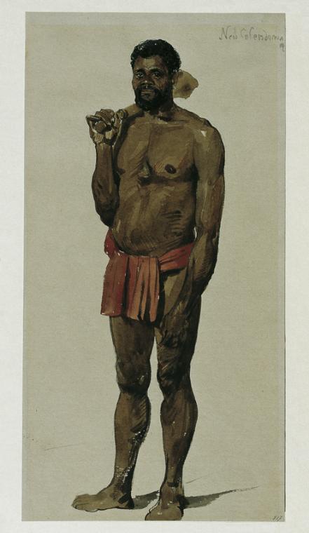 Joseph Selleny, Eingeborener von Neukaledonien, 1859, Aquarell auf Papier, 32,2 x 16,6 cm, Belv…