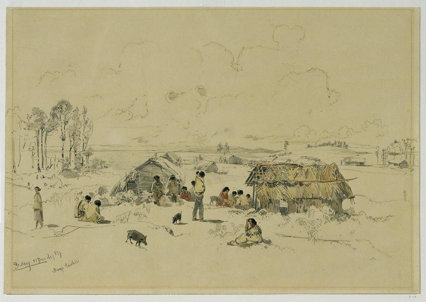 Joseph Selleny, Maori-Dorf am Fluss Mangatawhiri, Auckland (Neuseeland), 1858, Bleistift, Aquar…
